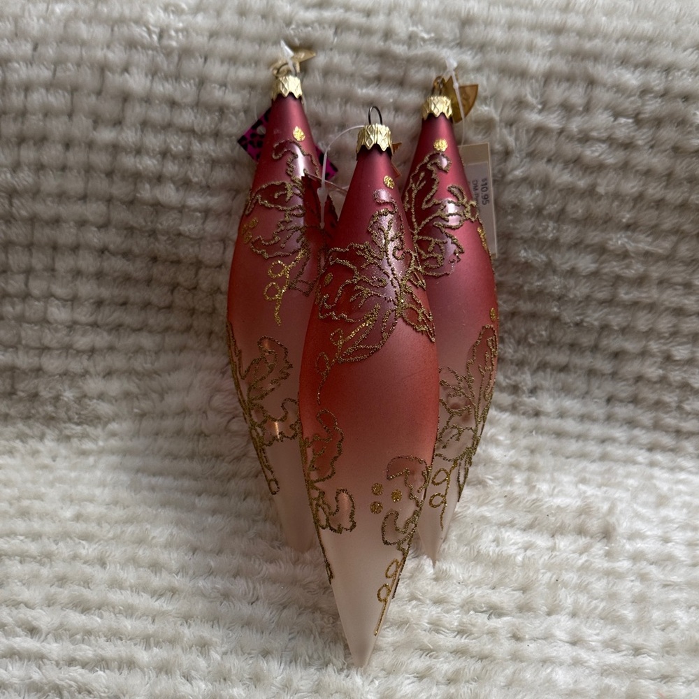 WC Set 3 Designer Elegant Pink and Gold Glass Christmas Ornaments